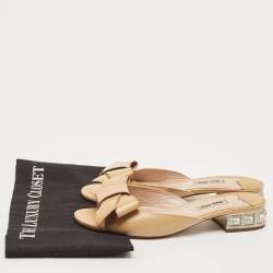 Miu Miu Beige Patent Leather Crystal Embellishment Mule Sandals Size 38