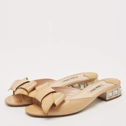 Miu Miu Beige Patent Leather Crystal Embellishment Mule Sandals Size 38
