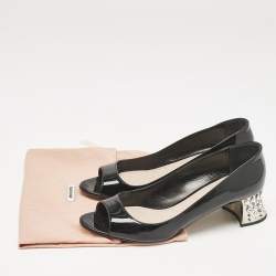 Miu Miu Black Patent Leather Crystal Block Heel Open Toe Pumps Size 37.5