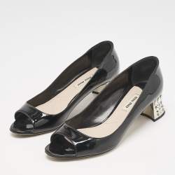 Miu Miu Black Patent Leather Crystal Block Heel Open Toe Pumps Size 37.5