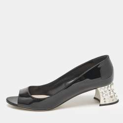 Miu Miu Black Patent Leather Crystal Block Heel Open Toe Pumps Size 37.5