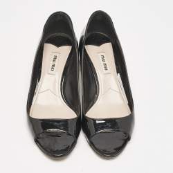 Miu Miu Black Patent Leather Crystal Block Heel Open Toe Pumps Size 37.5