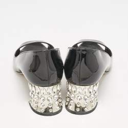 Miu Miu Black Patent Leather Crystal Block Heel Open Toe Pumps Size 37.5
