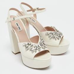 Miu Miu White Ayers Crystal Embellished Platform Sandals Size 38