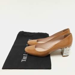 Miu Miu Brown Patent Leather Crystal Embellished Block Heel Pumps Size 39.5