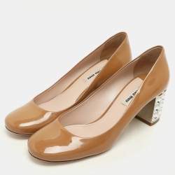 Miu Miu Brown Patent Leather Crystal Embellished Block Heel Pumps Size 39.5
