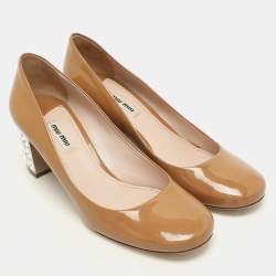Miu Miu Brown Patent Leather Crystal Embellished Block Heel Pumps Size 39.5