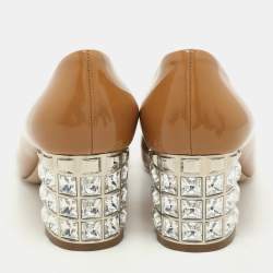 Miu Miu Brown Patent Leather Crystal Embellished Block Heel Pumps Size 39.5