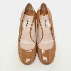Miu Miu Brown Patent Leather Crystal Embellished Block Heel Pumps Size 39.5