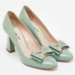 Miu Miu Light Mint Green Patent Leather Bow Block Heel Pumps Size 38