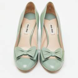 Miu Miu Light Mint Green Patent Leather Bow Block Heel Pumps Size 38