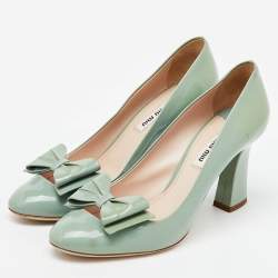 Miu Miu Light Mint Green Patent Leather Bow Block Heel Pumps Size 38