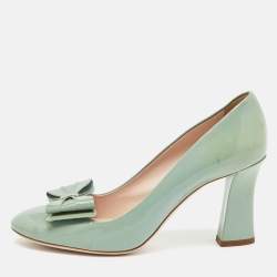 Miu Miu Light Mint Green Patent Leather Bow Block Heel Pumps Size 38
