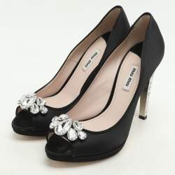 Miu Miu Black Satin Crystal Embellished Peep Toe Pumps Size 40