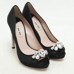 Miu Miu Black Satin Crystal Embellished Peep Toe Pumps Size 40