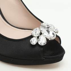 Miu Miu Black Satin Crystal Embellished Peep Toe Pumps Size 40