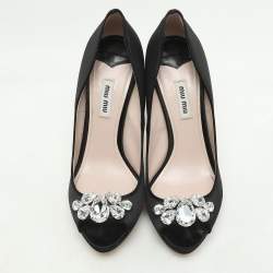 Miu Miu Black Satin Crystal Embellished Peep Toe Pumps Size 40