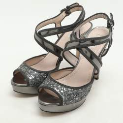 Miu Miu Grey Glitter and Leather Criss Cross Platform Pumps Size 40.5