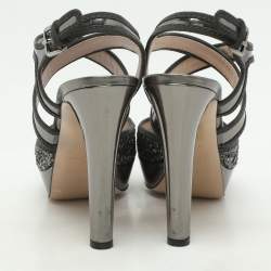 Miu Miu Grey Glitter and Leather Criss Cross Platform Pumps Size 40.5