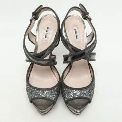Miu Miu Grey Glitter and Leather Criss Cross Platform Pumps Size 40.5