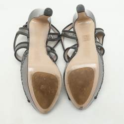 Miu Miu Grey Glitter and Leather Criss Cross Platform Pumps Size 40.5