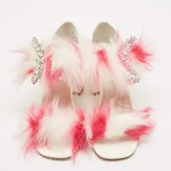 Pre Owned Miu Miu White/Pink Fur and Patent Leather Ankle Strap Sandals Size 38