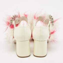 Pre Owned Miu Miu White/Pink Fur and Patent Leather Ankle Strap Sandals Size 38