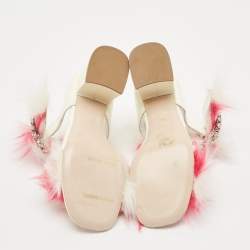 Pre Owned Miu Miu White/Pink Fur and Patent Leather Ankle Strap Sandals Size 38