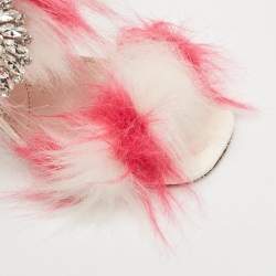 Pre Owned Miu Miu White/Pink Fur and Patent Leather Ankle Strap Sandals Size 38