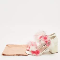 Pre Owned Miu Miu White/Pink Fur and Patent Leather Ankle Strap Sandals Size 38