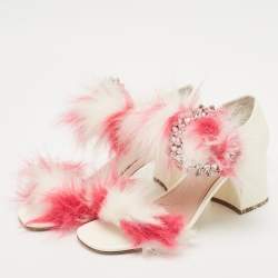 Pre Owned Miu Miu White/Pink Fur and Patent Leather Ankle Strap Sandals Size 38