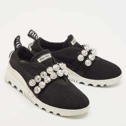 Miu Miu Black Knit Fabric Crystal Embellished Slip On Sneakers Size 37.5