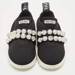 Miu Miu Black Knit Fabric Crystal Embellished Slip On Sneakers Size 37.5