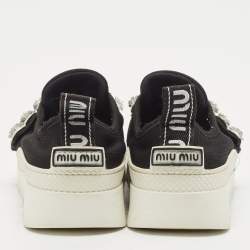 Miu Miu Black Knit Fabric Crystal Embellished Slip On Sneakers Size 37.5