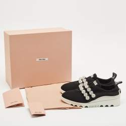 Miu Miu Black Knit Fabric Crystal Embellished Slip On Sneakers Size 37.5