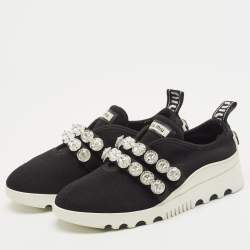 Miu Miu Black Knit Fabric Crystal Embellished Slip On Sneakers Size 37.5