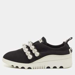 Miu Miu Black Knit Fabric Crystal Embellished Slip On Sneakers Size 37.5