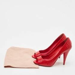Pre Owned Miu Miu Red Patent Leather Pleated Peep Toe Pumps Size 37.5