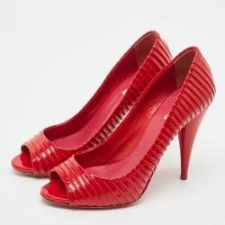 Pre Owned Miu Miu Red Patent Leather Pleated Peep Toe Pumps Size 37.5