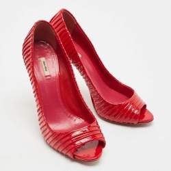Pre Owned Miu Miu Red Patent Leather Pleated Peep Toe Pumps Size 37.5