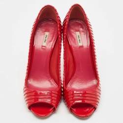 Pre Owned Miu Miu Red Patent Leather Pleated Peep Toe Pumps Size 37.5