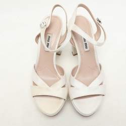 Miu Miu White Satin Crystal Embellished Heel Platform Ankle Strap Sandals Size 38