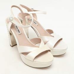 Miu Miu White Satin Crystal Embellished Heel Platform Ankle Strap Sandals Size 38