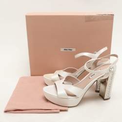 Miu Miu White Satin Crystal Embellished Heel Platform Ankle Strap Sandals Size 38