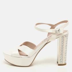 Miu Miu White Satin Crystal Embellished Heel Platform Ankle Strap Sandals Size 38