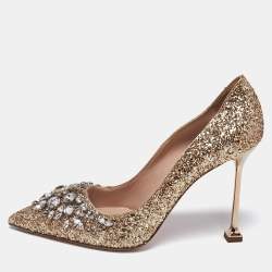 Miu Miu Gold Glitter Crystal Embellished Pointed Toe Pumps Size 40