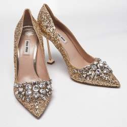 Miu Miu Gold Glitter Crystal Embellished Pointed Toe Pumps Size 40
