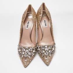 Miu Miu Gold Glitter Crystal Embellished Pointed Toe Pumps Size 40