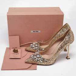 Miu Miu Gold Glitter Crystal Embellished Pointed Toe Pumps Size 40