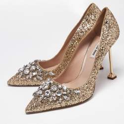 Miu Miu Gold Glitter Crystal Embellished Pointed Toe Pumps Size 40